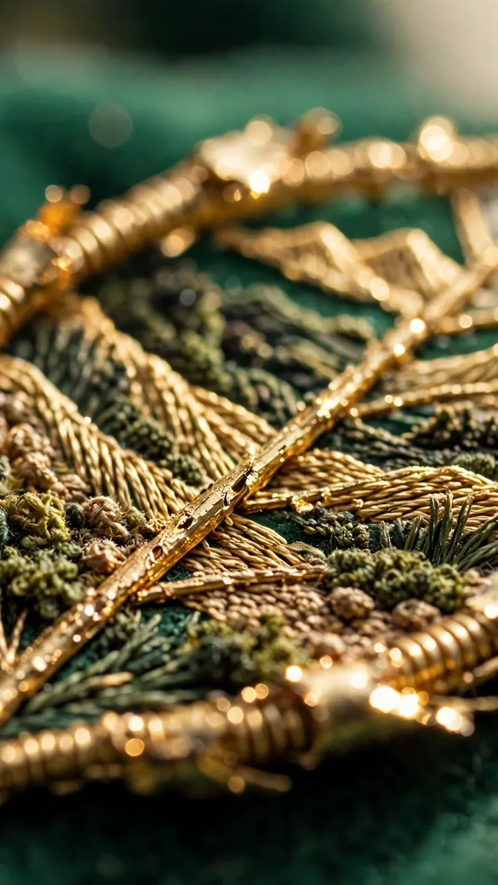 Photorealistic landscape macro of a goldwork leaf motif with chipped gold purl edges catching the light on emerald green fabric, shallow depth of field, no text
