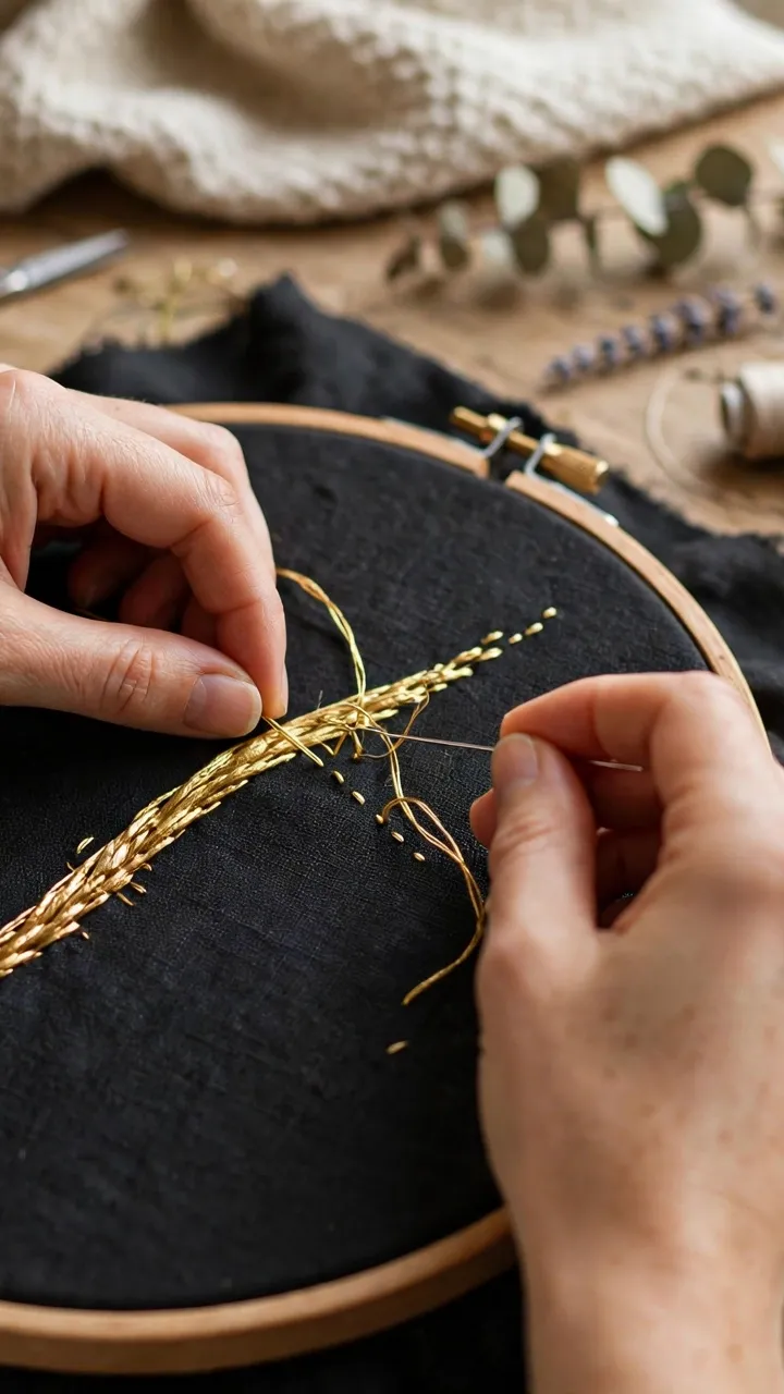 Photorealistic landscape of hands couching gold metallic thread onto black linen in an embroidery hoop, cozy craft workspace, soft daylight, no text
