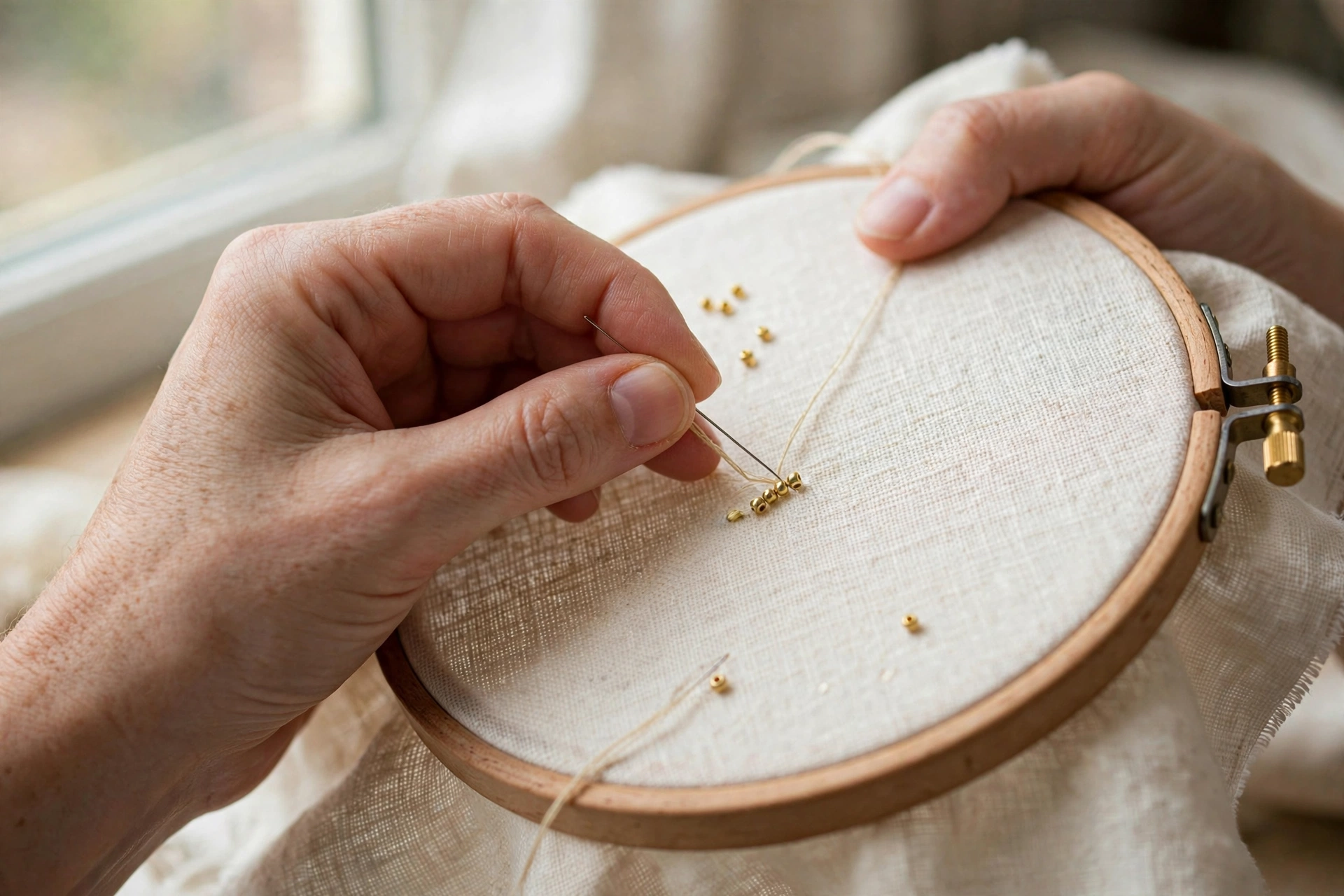 Close-up of hands sewing a small gold seed bead onto cream linen in a wooden embroidery hoop with a thin beading needle, natural window light, landscape orientation, no text
