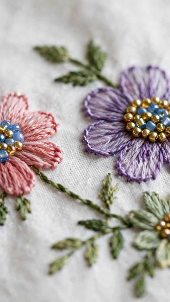 Macro detail of embroidered flowers with tiny blue and gold seed beads stitched as flower centers on white cotton fabric, crisp focus, landscape orientation, no text