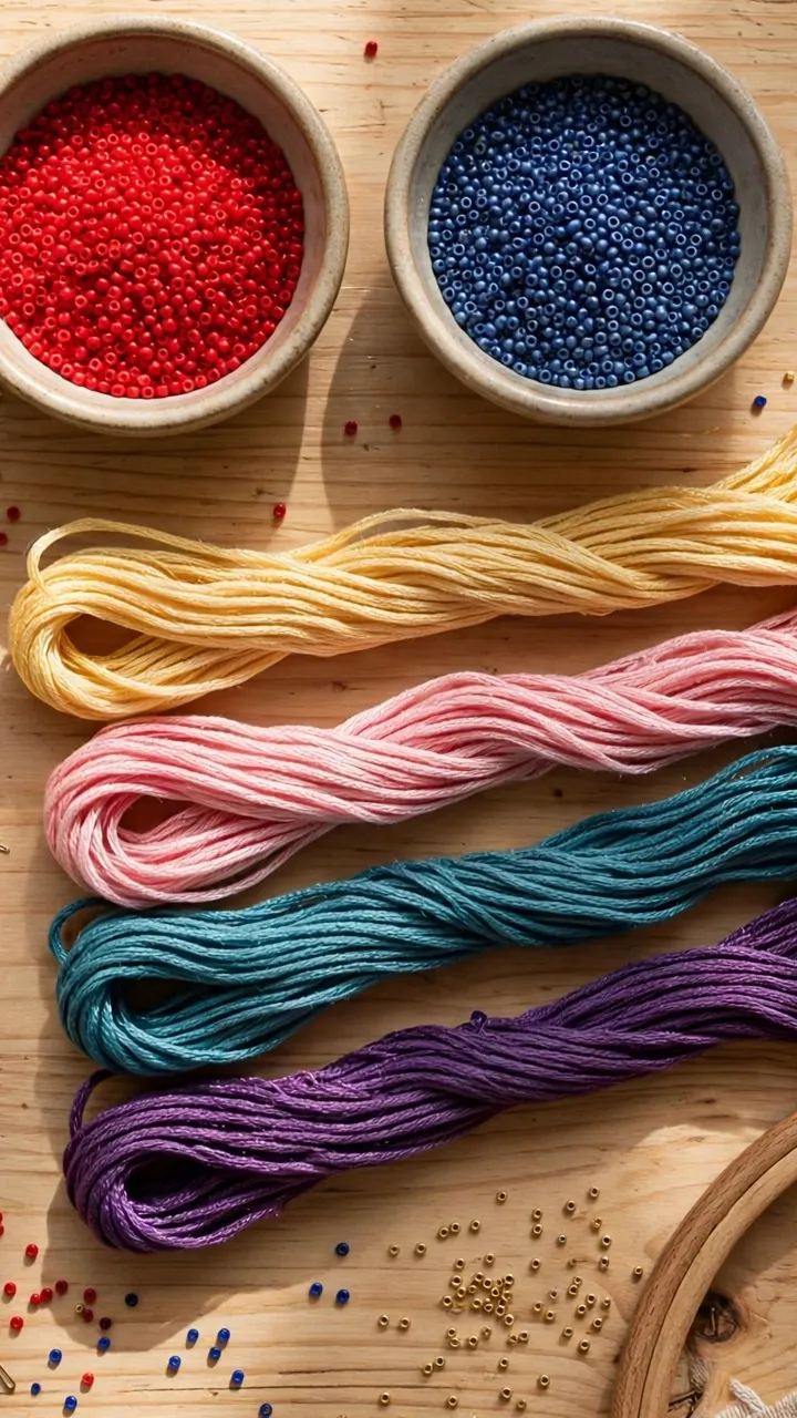 Overhead flat lay of beading supplies for embroidery: small bowls of seed beads in gold, red and blue, beading needles, DMC floss skeins, scissors and a hoop on a wooden table, bright daylight, landscape orientation, no text