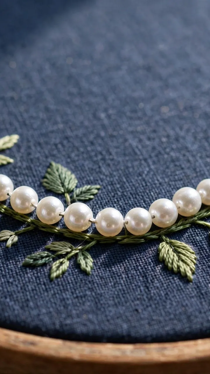 Close-up of a beaded embroidery border with a row of white pearl beads couched along a green vine on navy linen in a hoop, natural light, landscape orientation, no text