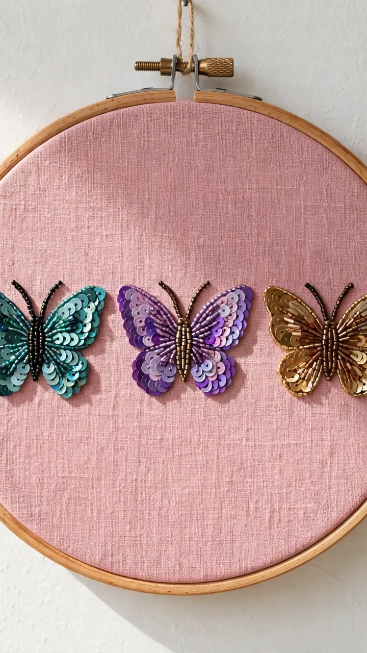 Finished hoop art showing beaded butterflies with sequin wings and seed bead bodies stitched on pink linen hanging against a white wall, daylight, landscape orientation, no text