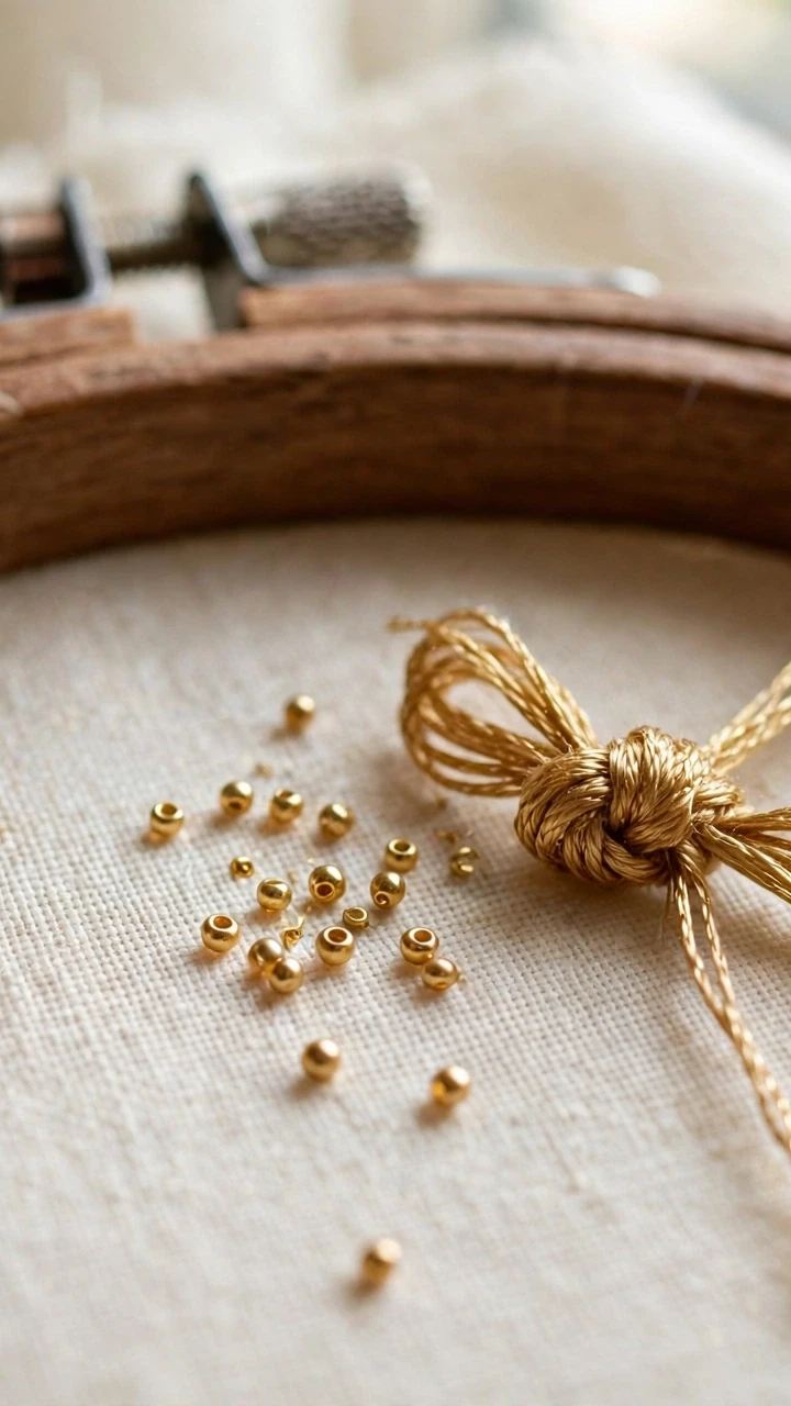 Close-up of the back of a wooden embroidery hoop showing a neatly tied knot of gold embroidery thread beside small gold seed beads on cream linen fabric, natural window light, shallow depth of field, no text