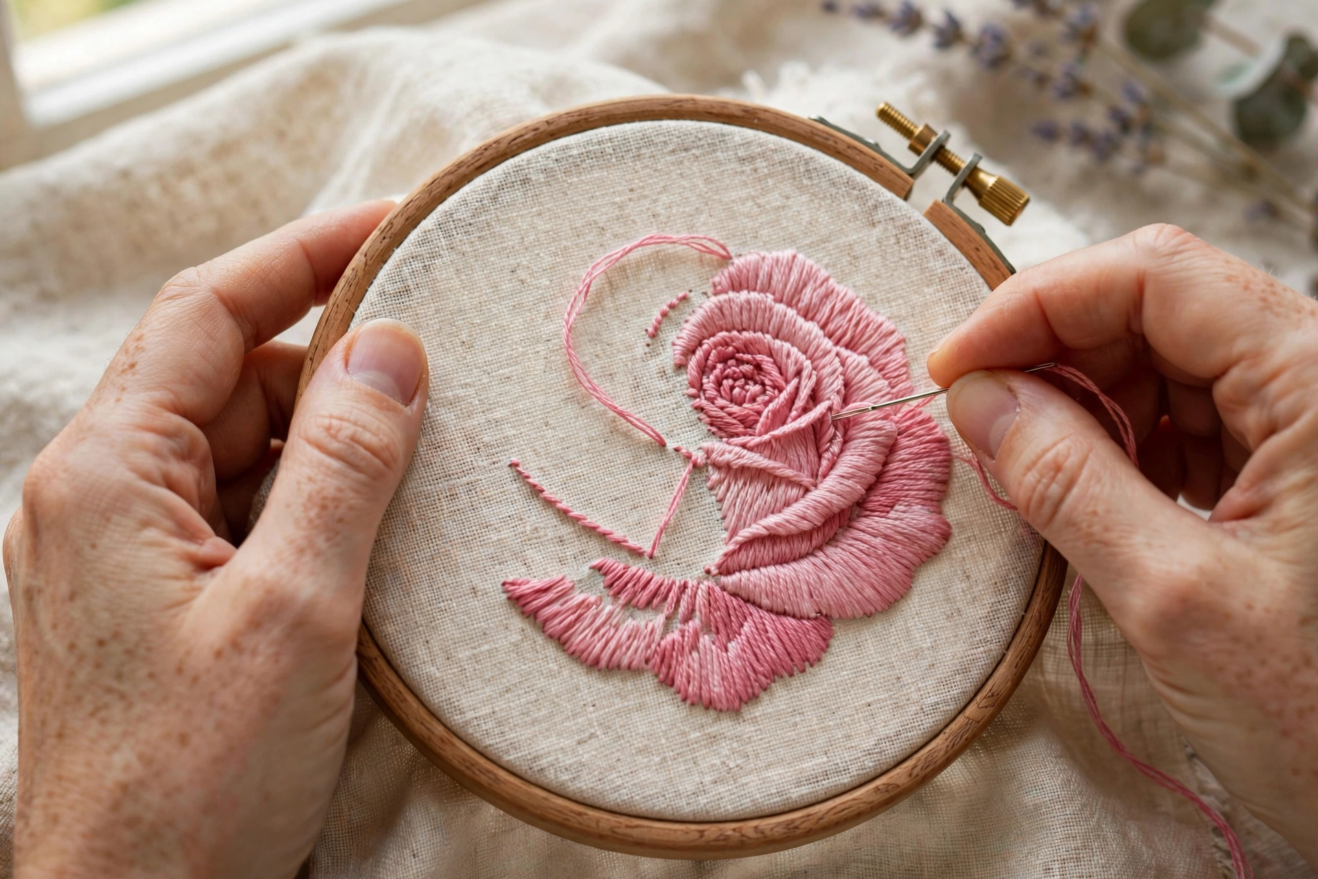 Close-up of hands stitching a pink rose on cream linen in a wooden hoop, soft daylight