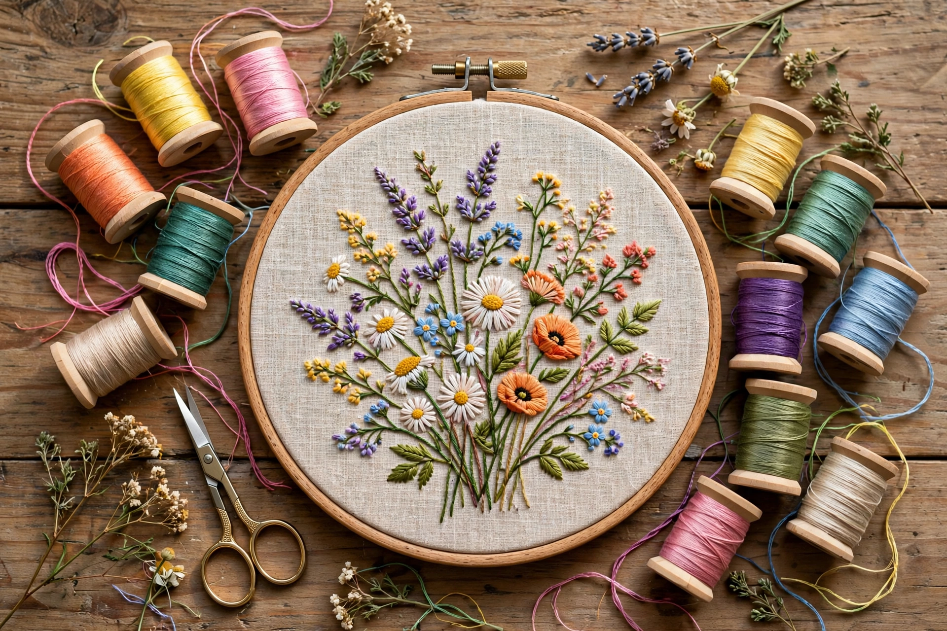 Close-up of hands stitching a pink rose on cream linen in a wooden hoop, soft daylight