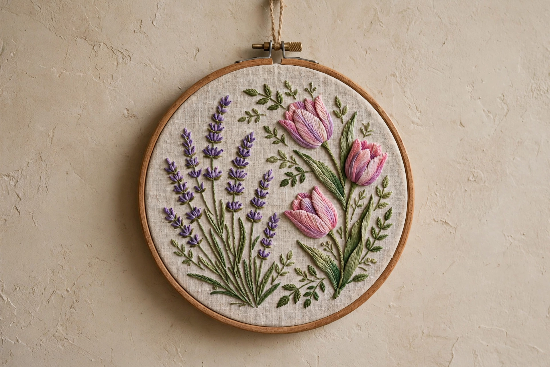 Close-up of hands stitching a pink rose on cream linen in a wooden hoop, soft daylight