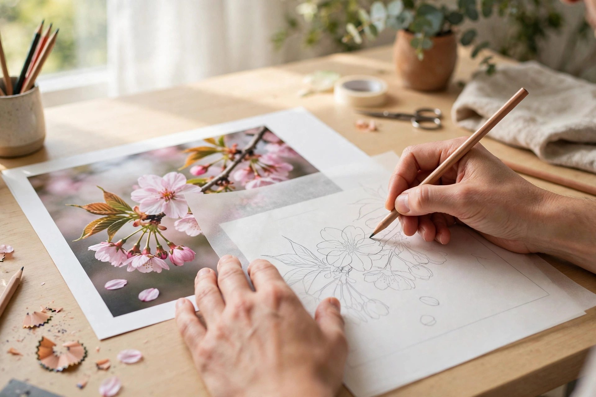 Hands tracing a flower photograph onto paper at a bright desk, landscape orientation
