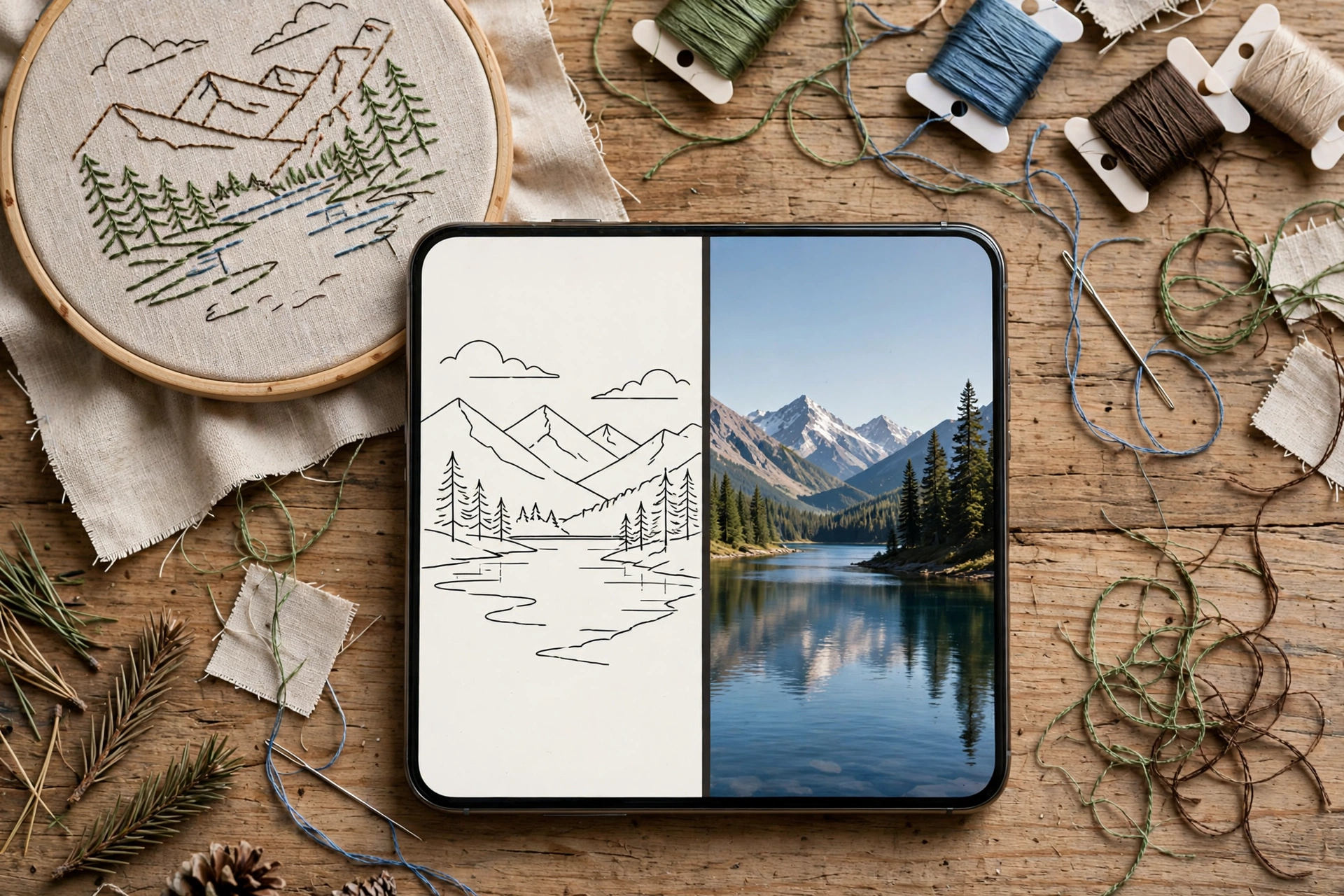 Overhead view of phone screen showing simplified line drawing next to original photo, embroidery hoop and threads nearby, landscape