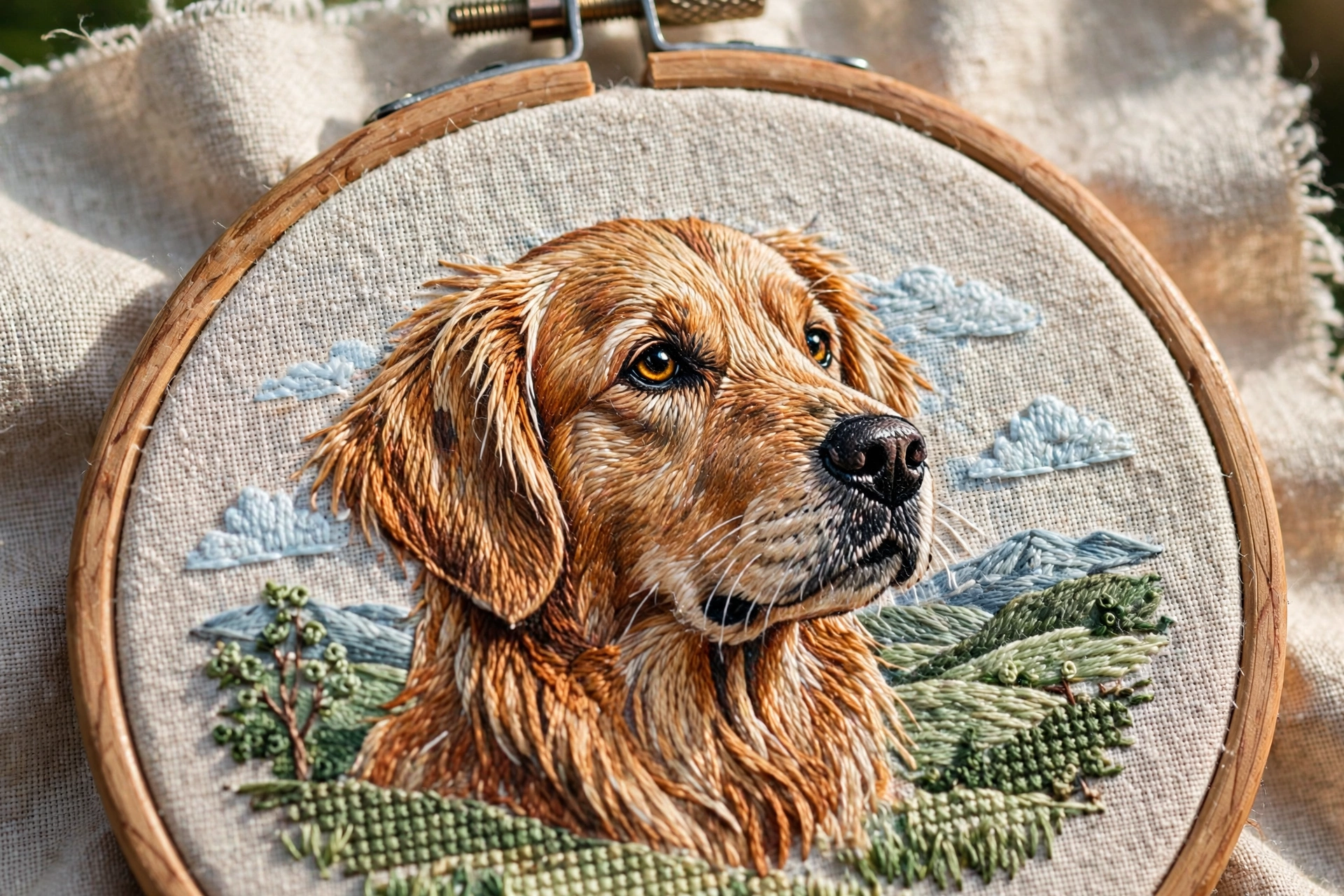 Close-up of embroidered portrait of a dog in hoop worked from a photograph, soft daylight, landscape