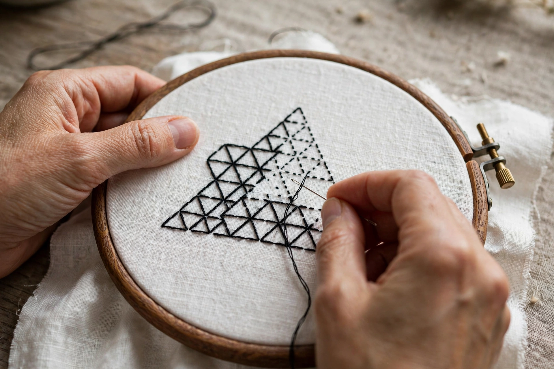 Hands stitching black geometric triangle pattern on white linen in wooden hoop, landscape orientation