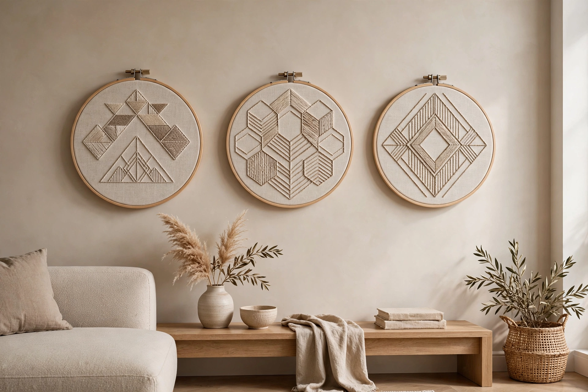 Modern living room wall with framed geometric embroidery hoop art in neutral tones, landscape