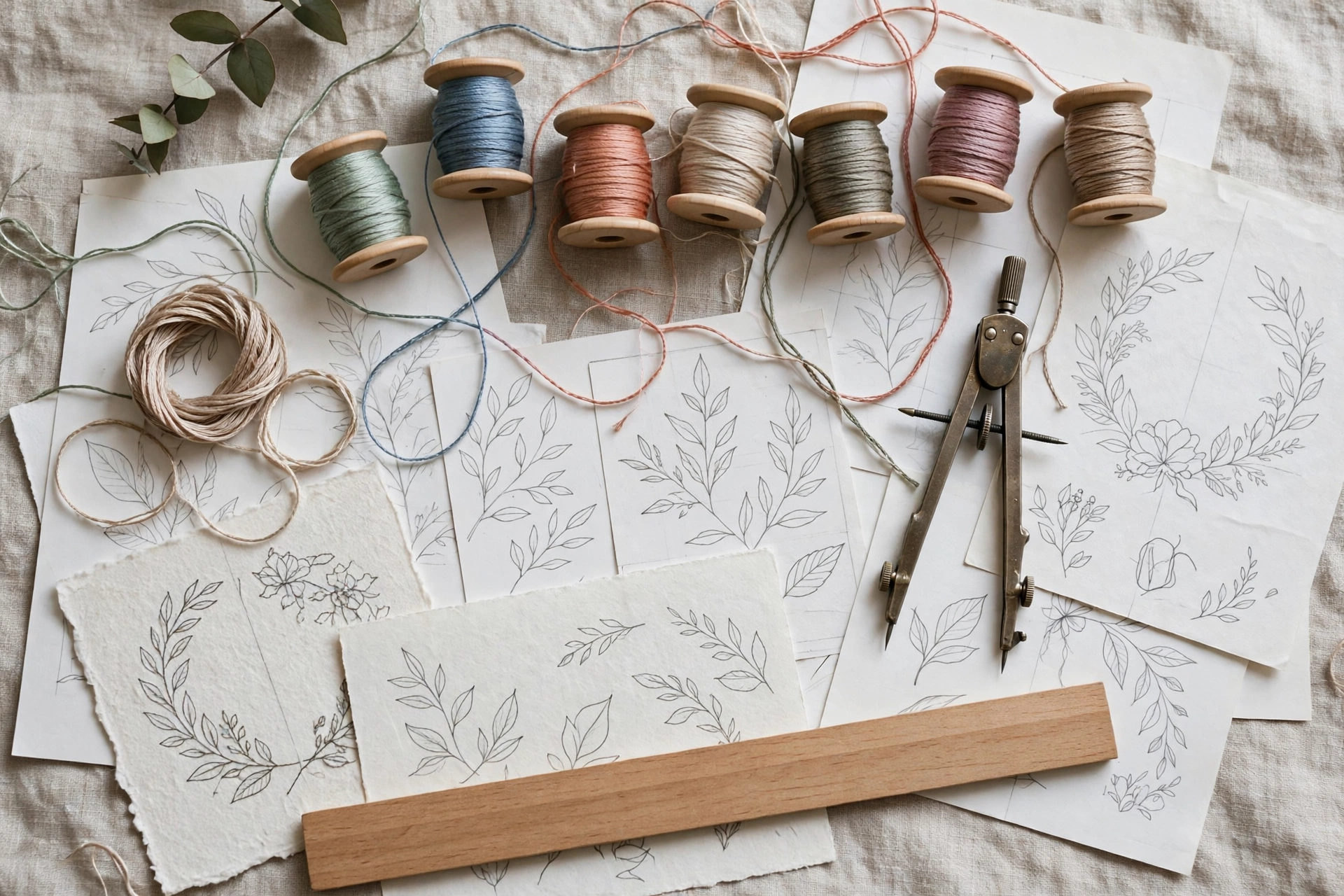 Flat lay of embroidery floss in muted modern palette with ruler and compass on pattern sketches, landscape