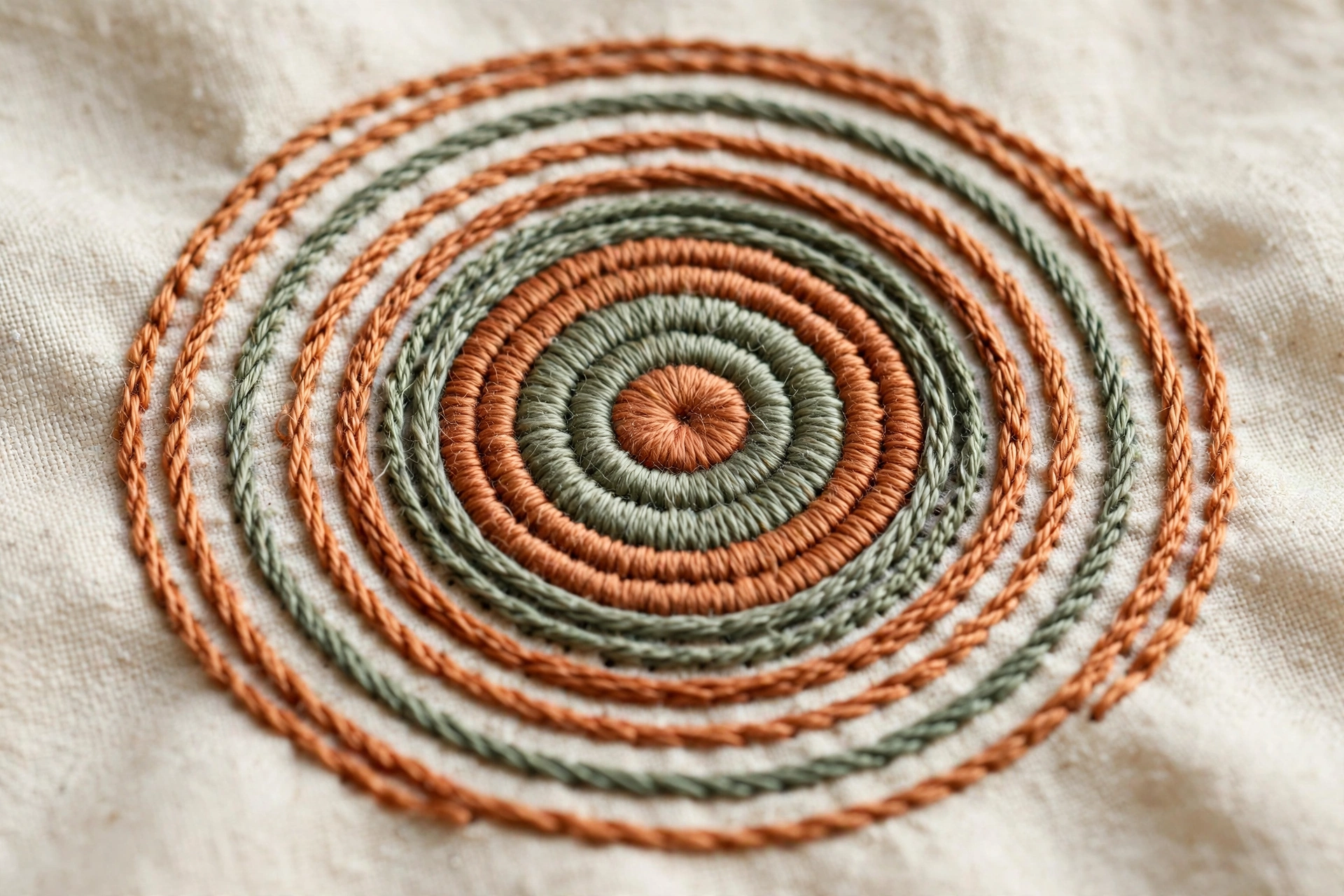 Close-up of concentric circle embroidery in terracotta and sage thread on cream fabric, landscape