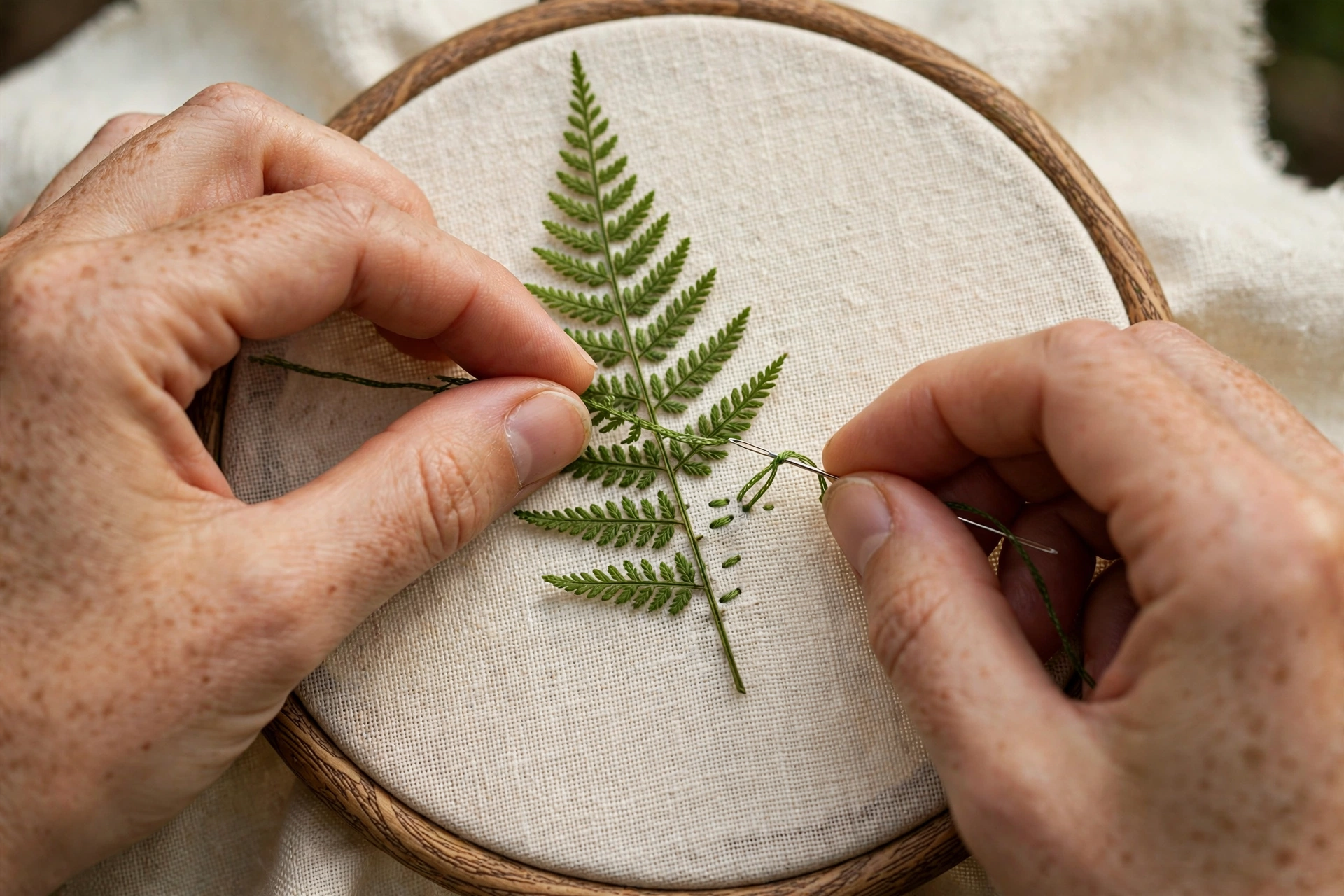Close-up of hands stitching green fern frond on cream linen in wooden hoop, landscape orientation