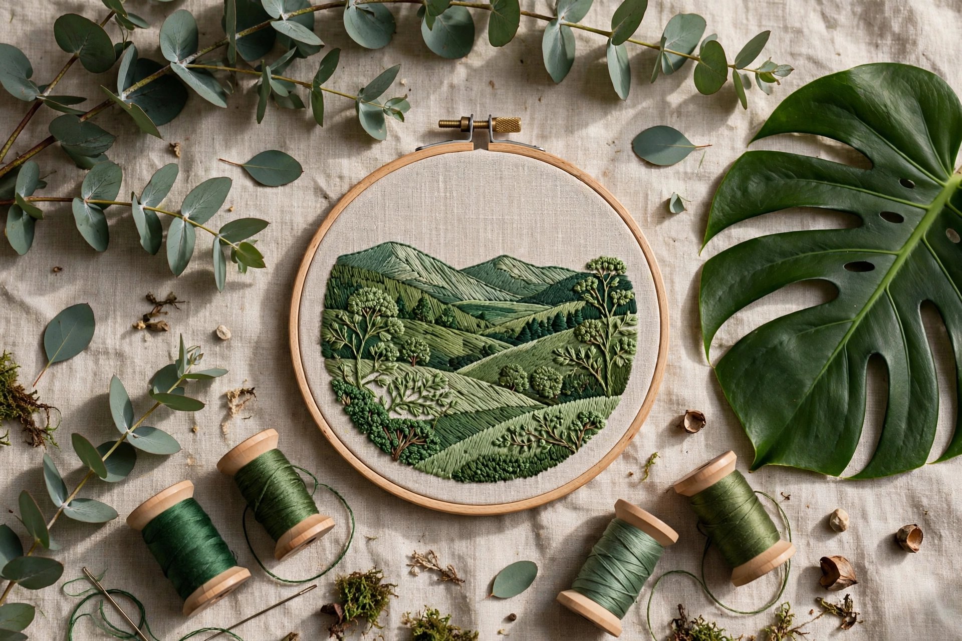 Flat lay of embroidered botanical hoop art with eucalyptus and monstera leaves, green thread spools, landscape