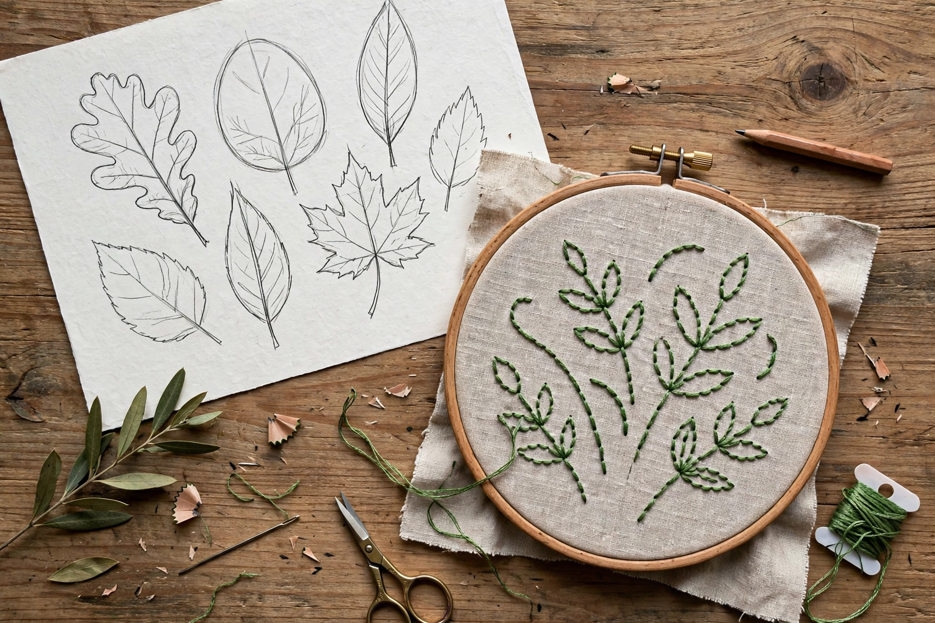 Overhead view of leaf shape sketches and embroidery hoop with stem stitch practice on wooden desk, landscape