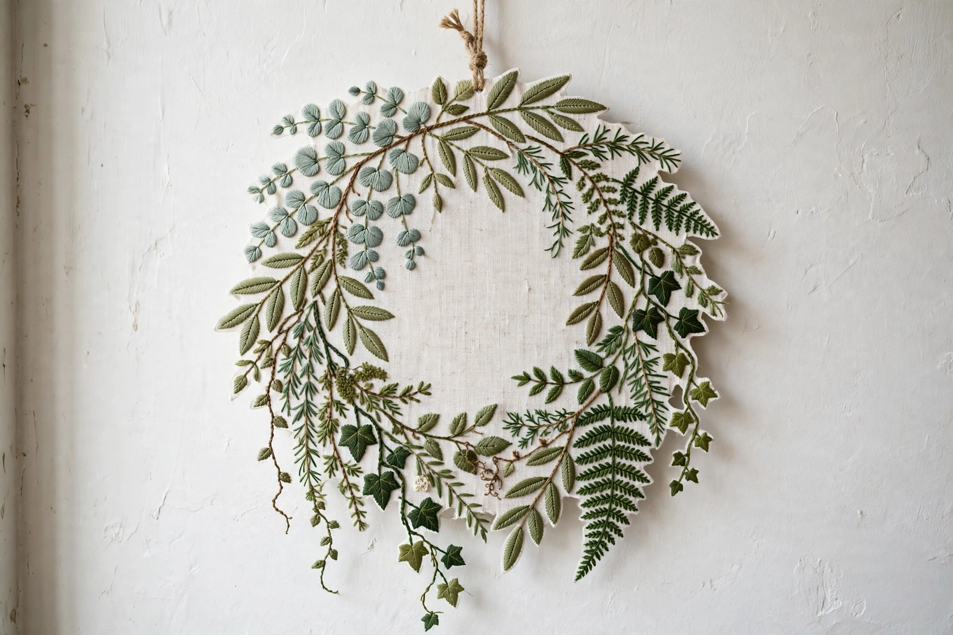 Finished botanical embroidery wreath with various leaves and vines hanging on white wall, landscape