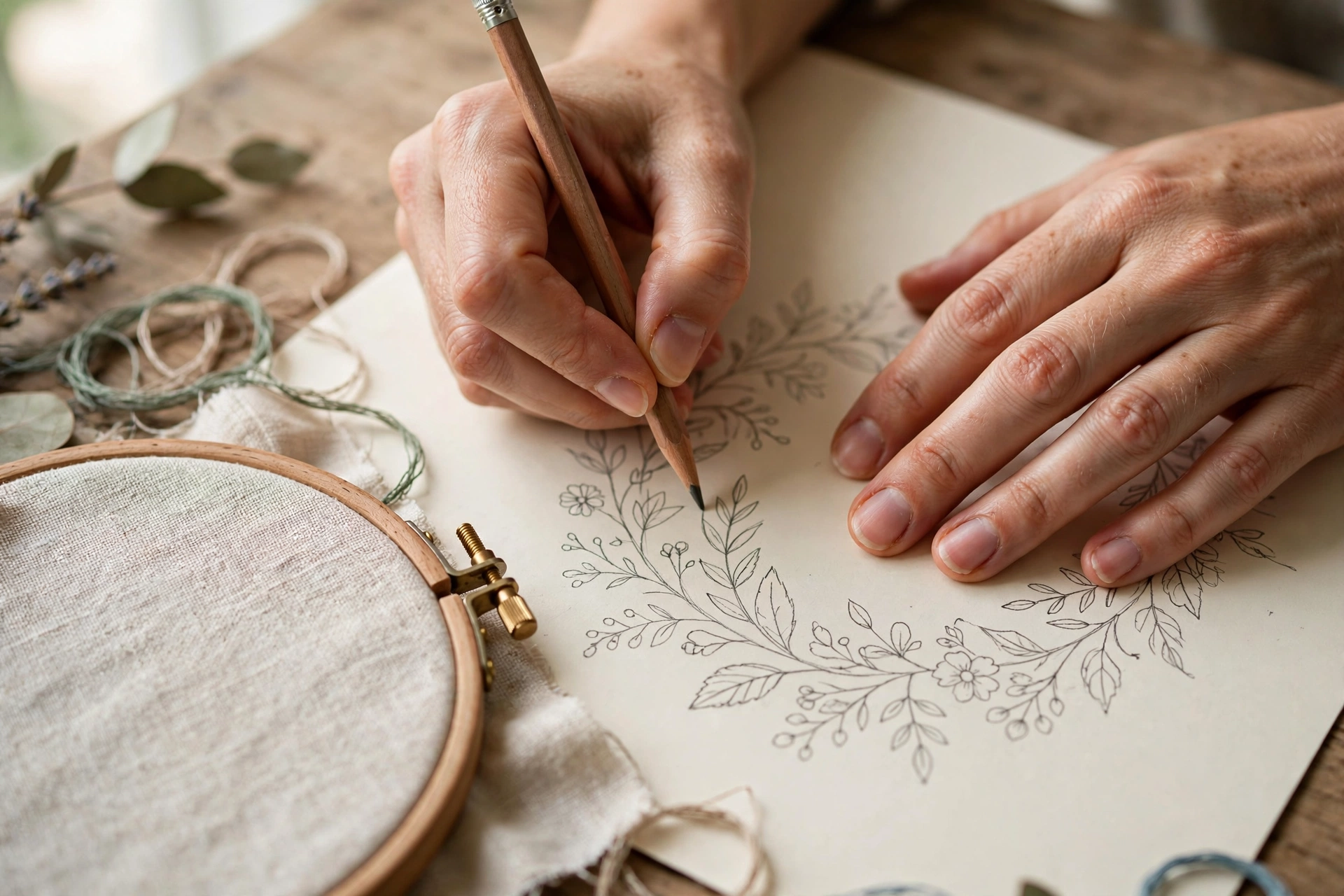 Close-up of hands tracing an embroidery pattern on paper next to a wooden hoop and linen fabric, soft daylight, landscape