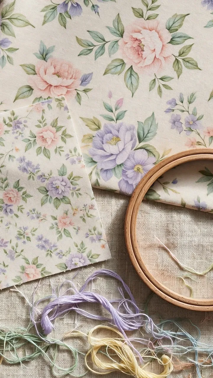 Overhead view of a printed floral pattern in two sizes beside an embroidery hoop, pastel threads scattered around, photorealistic