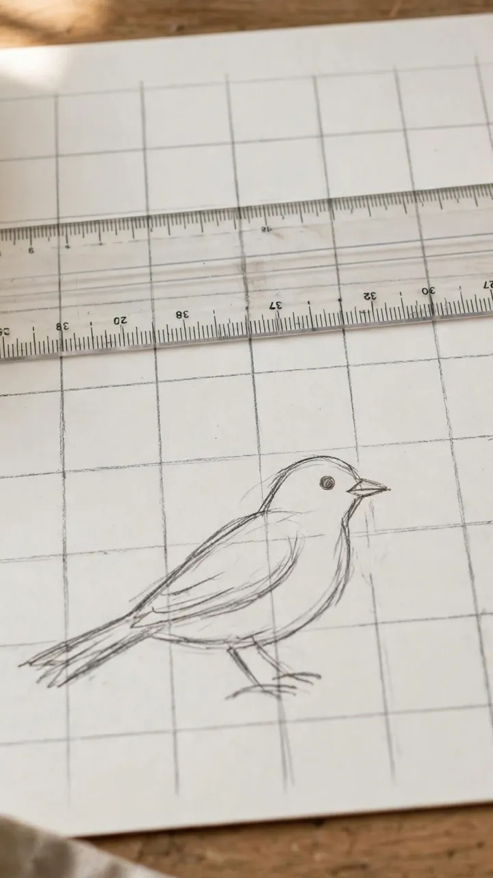 Hands holding a ruler against a hand-drawn grid over a simple bird sketch, pencil and paper on a wooden table, natural light