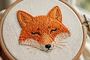 Close-up of an embroidered fox face in orange thread on cream linen in a wooden hoop, soft daylight, landscape