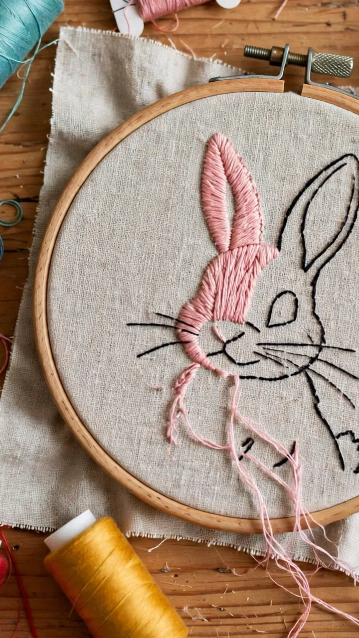 Overhead view of colourful thread spools and an embroidery hoop with a half-finished bunny design, photorealistic