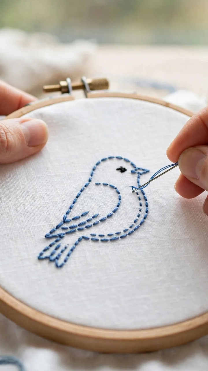 Hands stitching a small bluebird design with backstitch outline on white fabric, natural light, landscape