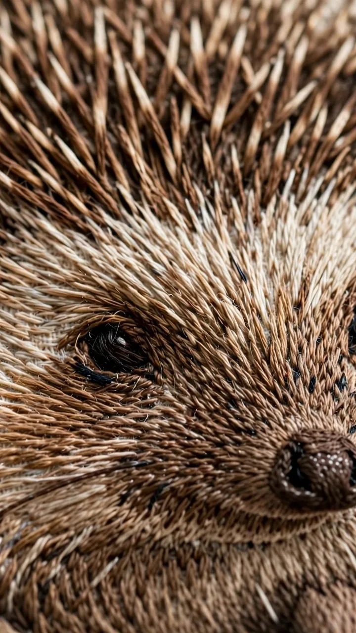Close-up of textured fur stitches on an embroidered hedgehog in brown thread, no text