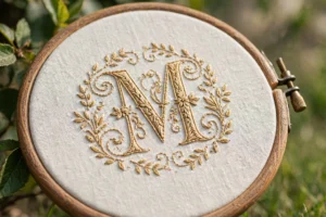 Close-up of an elegant embroidered monogram letter in gold thread on ivory linen in a wooden hoop, soft daylight, landscape