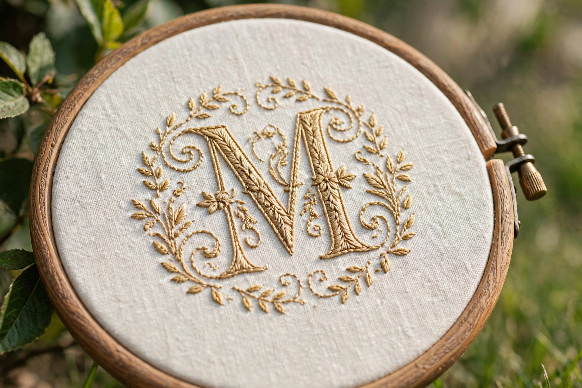 Close-up of an elegant embroidered monogram letter in gold thread on ivory linen in a wooden hoop, soft daylight, landscape