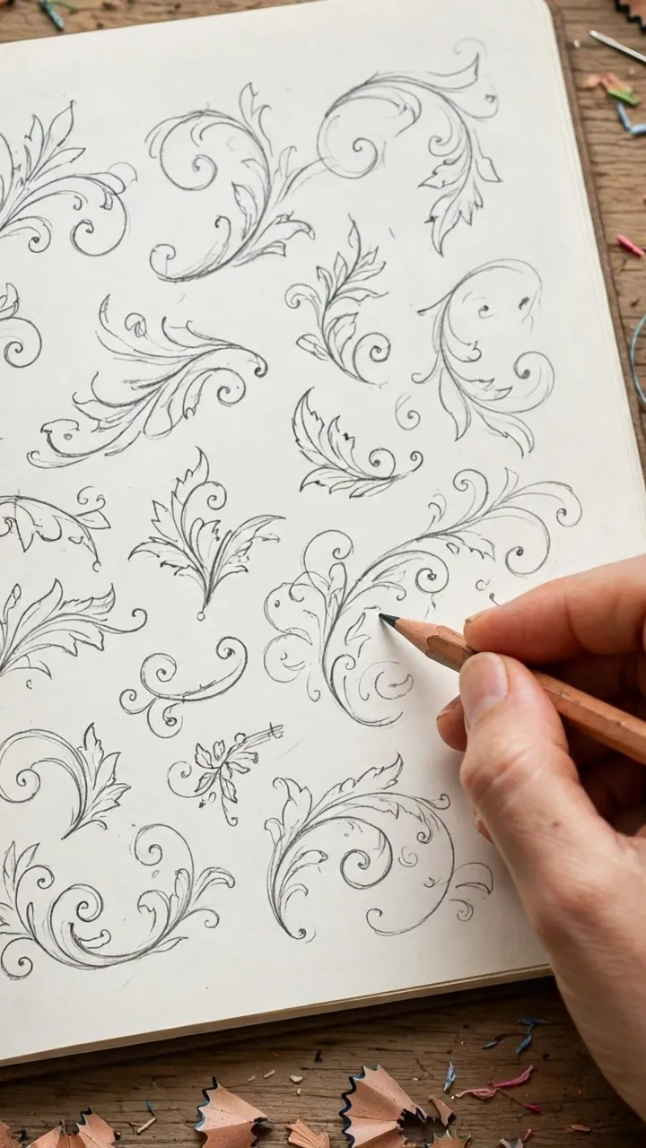 Hands sketching letter designs and flourishes in a notebook beside embroidery thread spools, photorealistic
