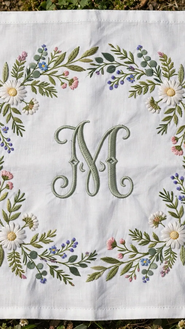 Overhead view of a finished monogram on a white handkerchief with a floral frame, natural light, landscape