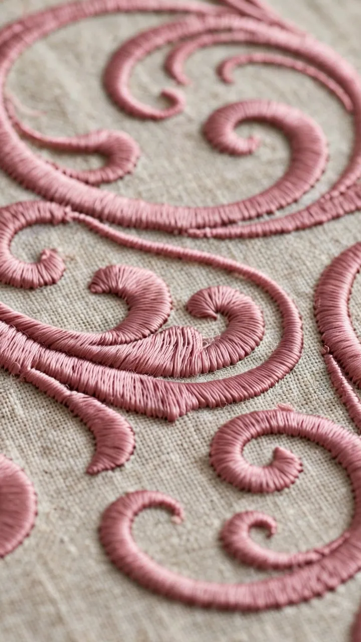 Close-up of satin stitch lettering in dusty rose thread showing smooth fill detail, no text