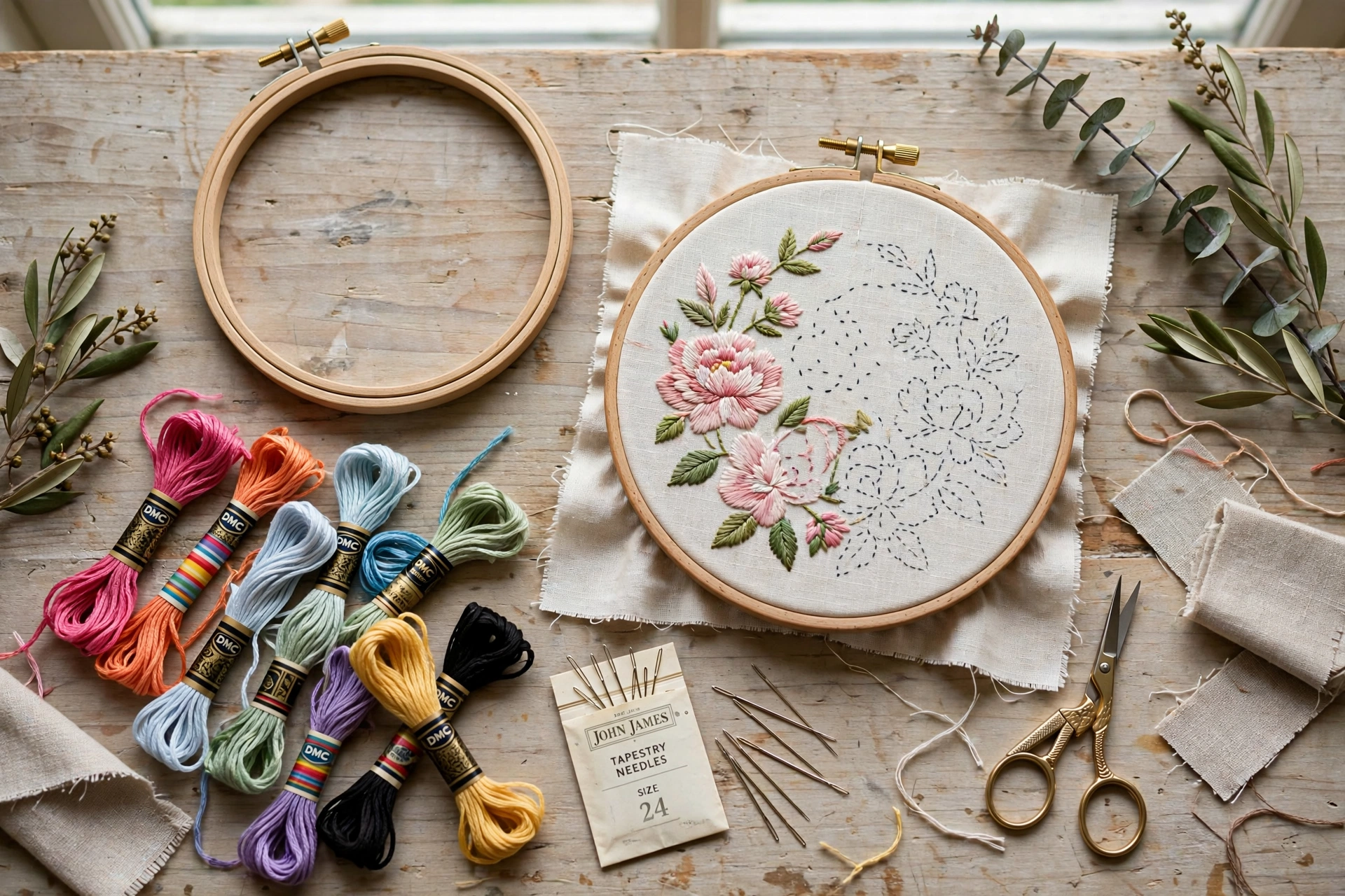 Photorealistic flat lay of a weekend embroidery kit: wooden hoop, colorful DMC floss skeins, John James needles, small scissors, and a half-finished floral hoop, craft table, natural window light, landscape orientation, no text