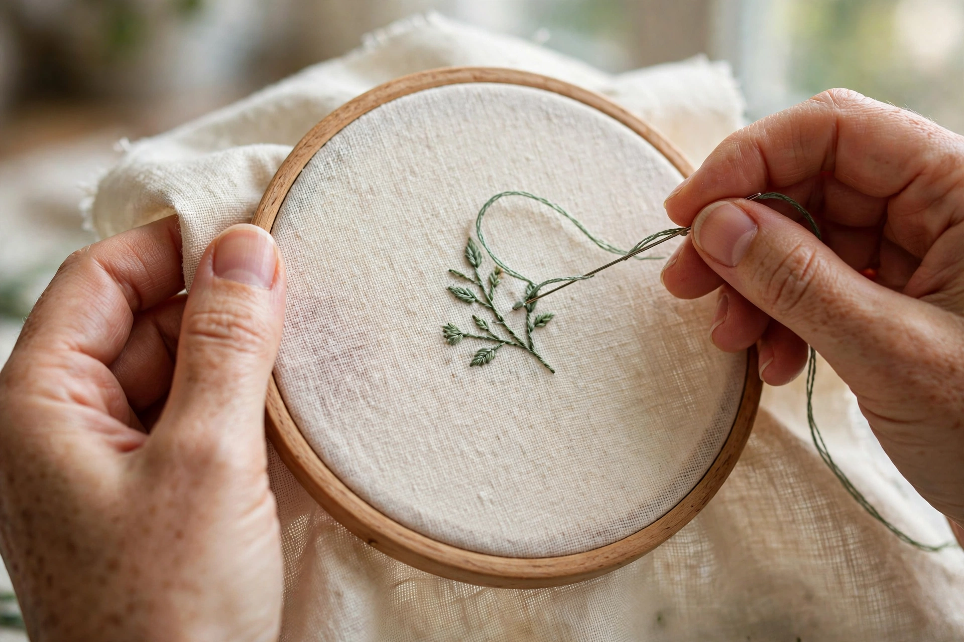 Hands stitching a small botanical motif on cream linen in a 4-inch wooden hoop, needle mid-stitch, shallow depth of field, daylight