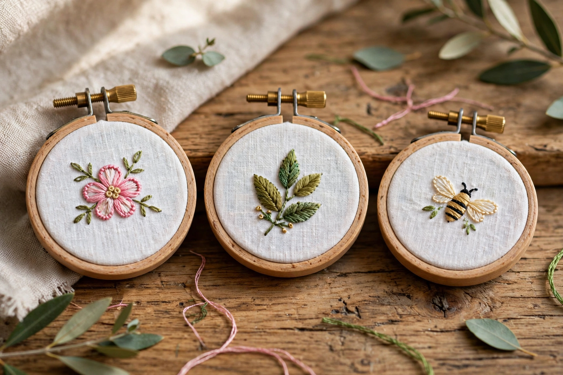 Collection of three finished mini embroidery hoops with simple flower, leaf, and bee designs in pink green and gold floss on white linen, styled on a wooden table
