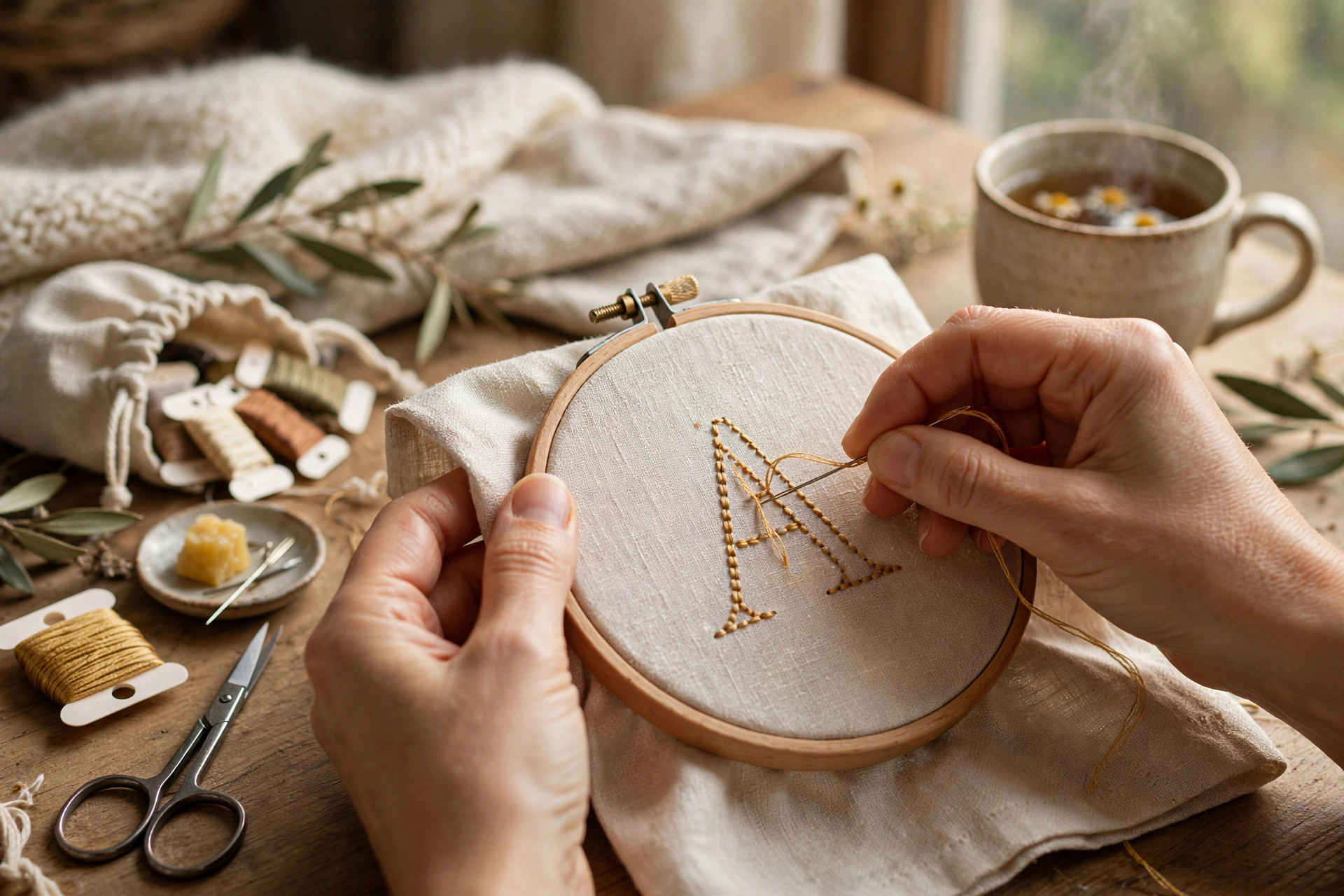 Hands stitching a monogram letter in backstitch on a linen napkin corner, gold floss, cozy craft setup, warm natural light