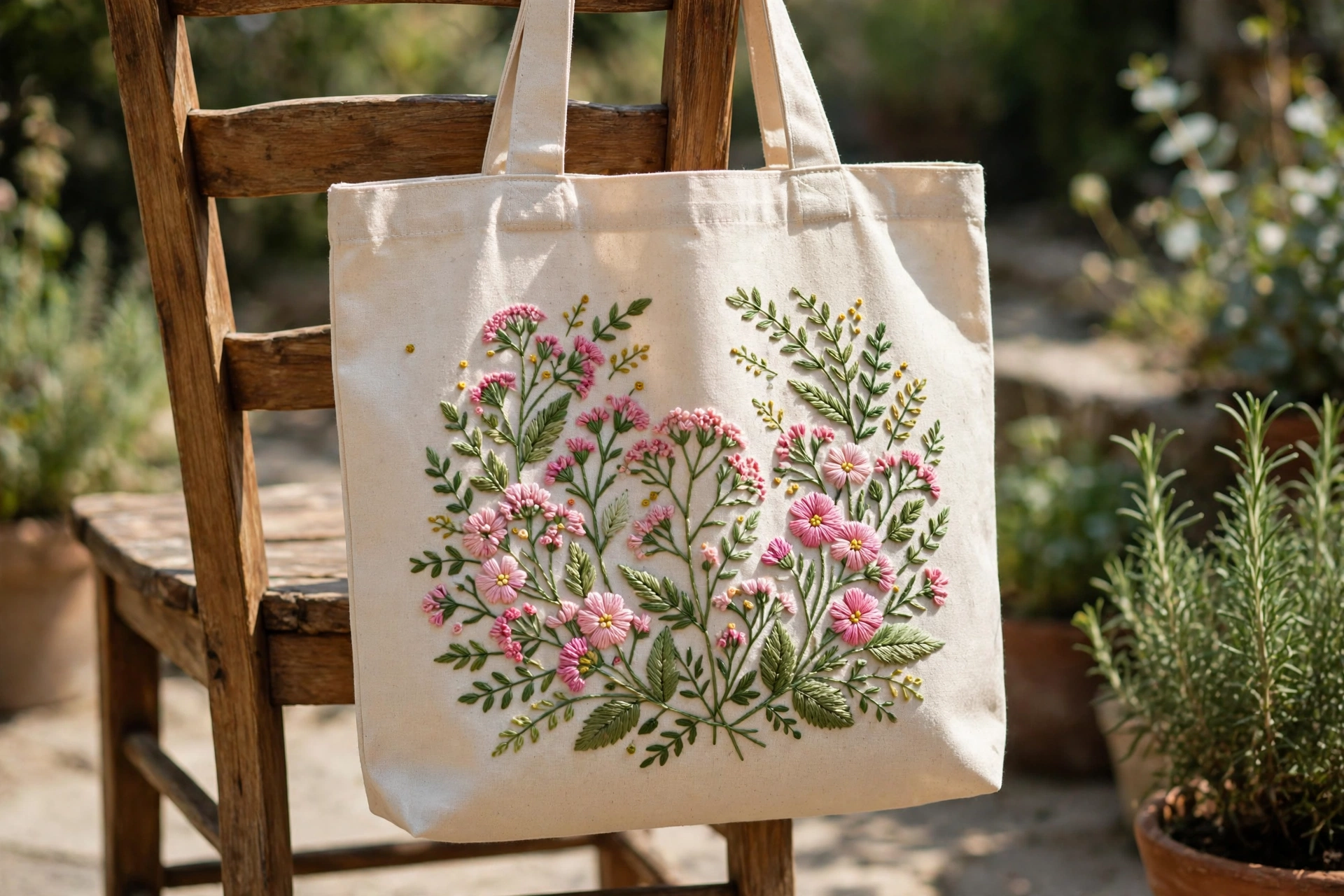 Finished embroidered tote bag with a wildflower design in pink and green floss, hanging on a chair, bright daylight