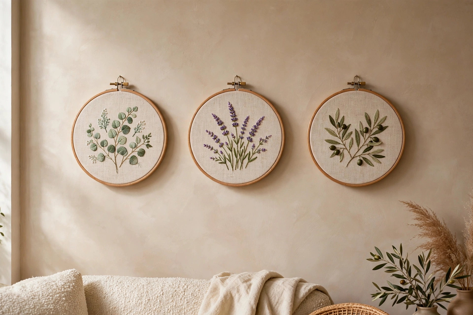 Photorealistic cozy living room wall with three framed embroidered botanical hoops in wooden frames, soft natural light, landscape orientation, no text