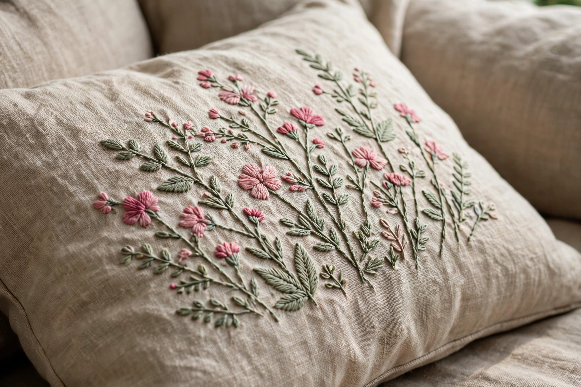 Photorealistic close-up of an embroidered linen cushion cover with a wildflower design in pink and sage floss on a sofa, daylight, landscape orientation, no text