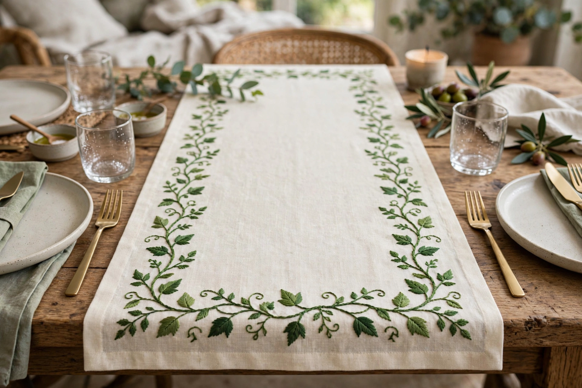 Photorealistic embroidered table runner with a vine and leaf border in green floss on cream linen, styled on a dining table with plates, landscape orientation, no text