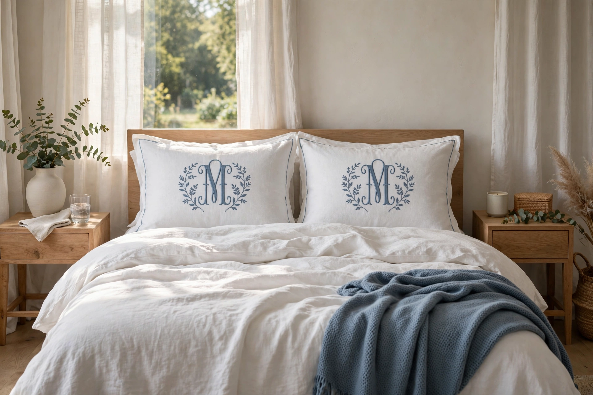 Photorealistic bedroom with embroidered monogram pillowcases in dusty blue floss on white linen, soft morning light, landscape orientation, no text