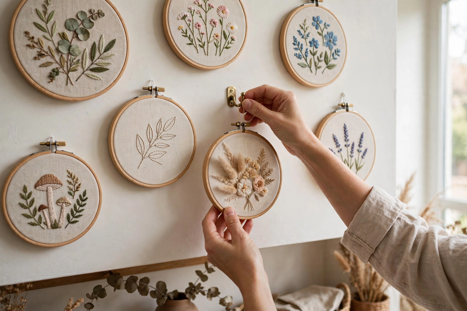 Photorealistic hands hanging a finished embroidery hoop on a gallery wall among other hoops, interior decor, daylight, landscape orientation, no text