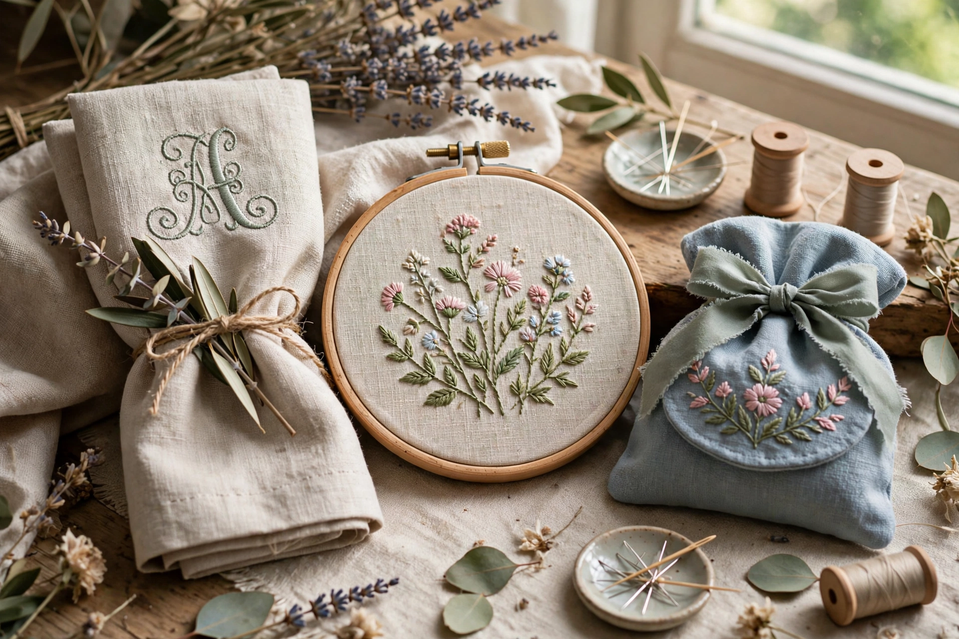 Photorealistic beautifully wrapped embroidered gifts: monogrammed linen napkins, a stitched hoop, and an embroidered pouch with ribbon, craft table, natural light, landscape orientation, no text
