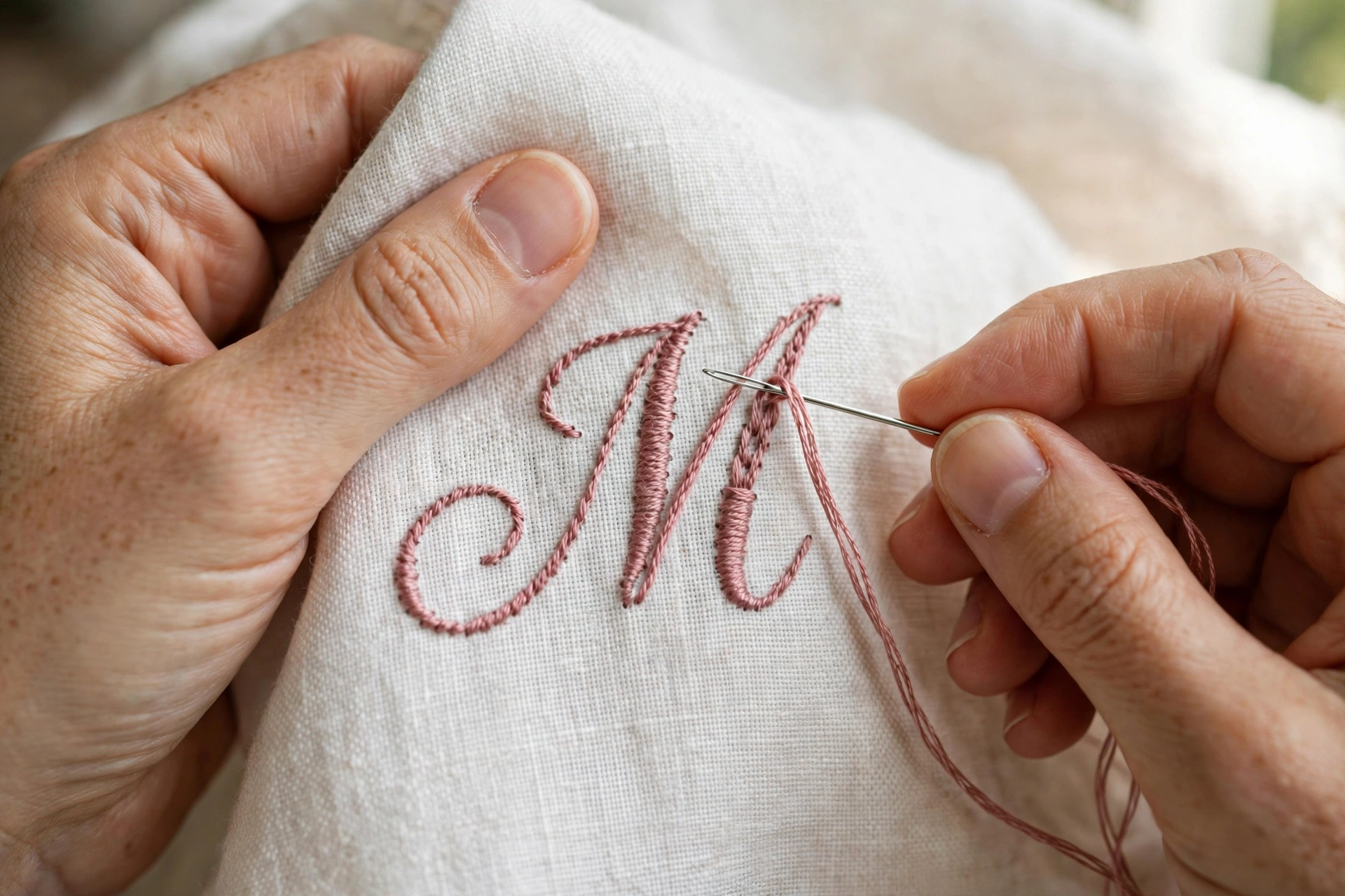 Photorealistic close-up of hands stitching a script monogram letter in dusty rose floss on cream linen in a wooden hoop, needle mid-stitch, daylight, landscape orientation, no text