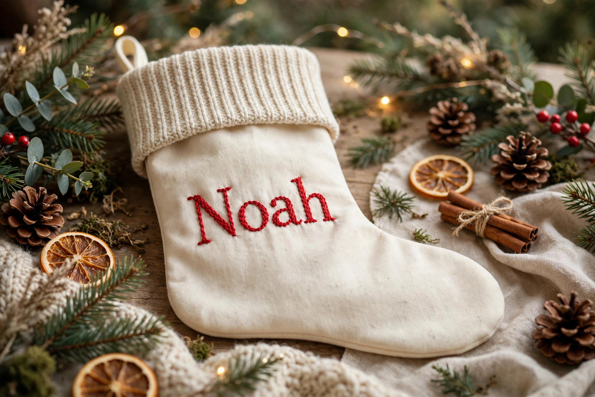 Photorealistic personalized embroidered Christmas stocking with a name in red floss on cream fabric, holiday styling, landscape orientation, no text