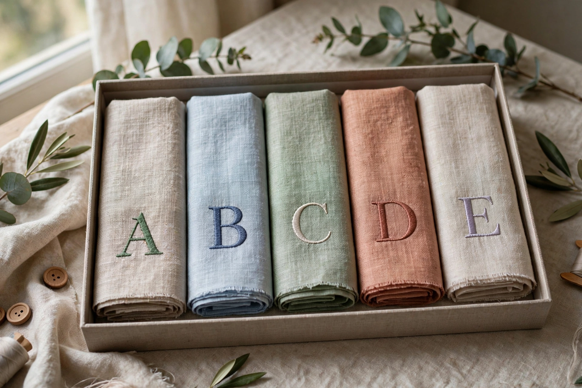 Photorealistic set of embroidered linen handkerchiefs with different initials in a gift box, elegant styling, natural window light, landscape orientation, no text