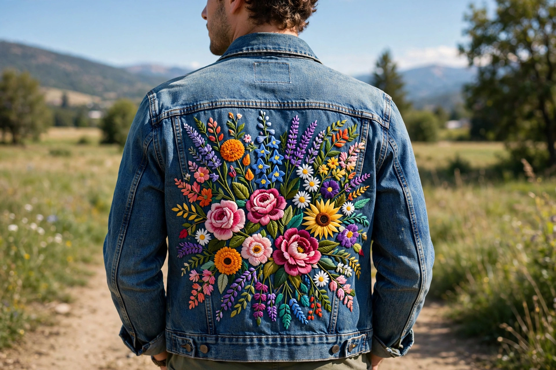 Photorealistic denim jacket with a colorful embroidered floral design on the back panel, worn by a person, outdoor daylight, landscape orientation, no text