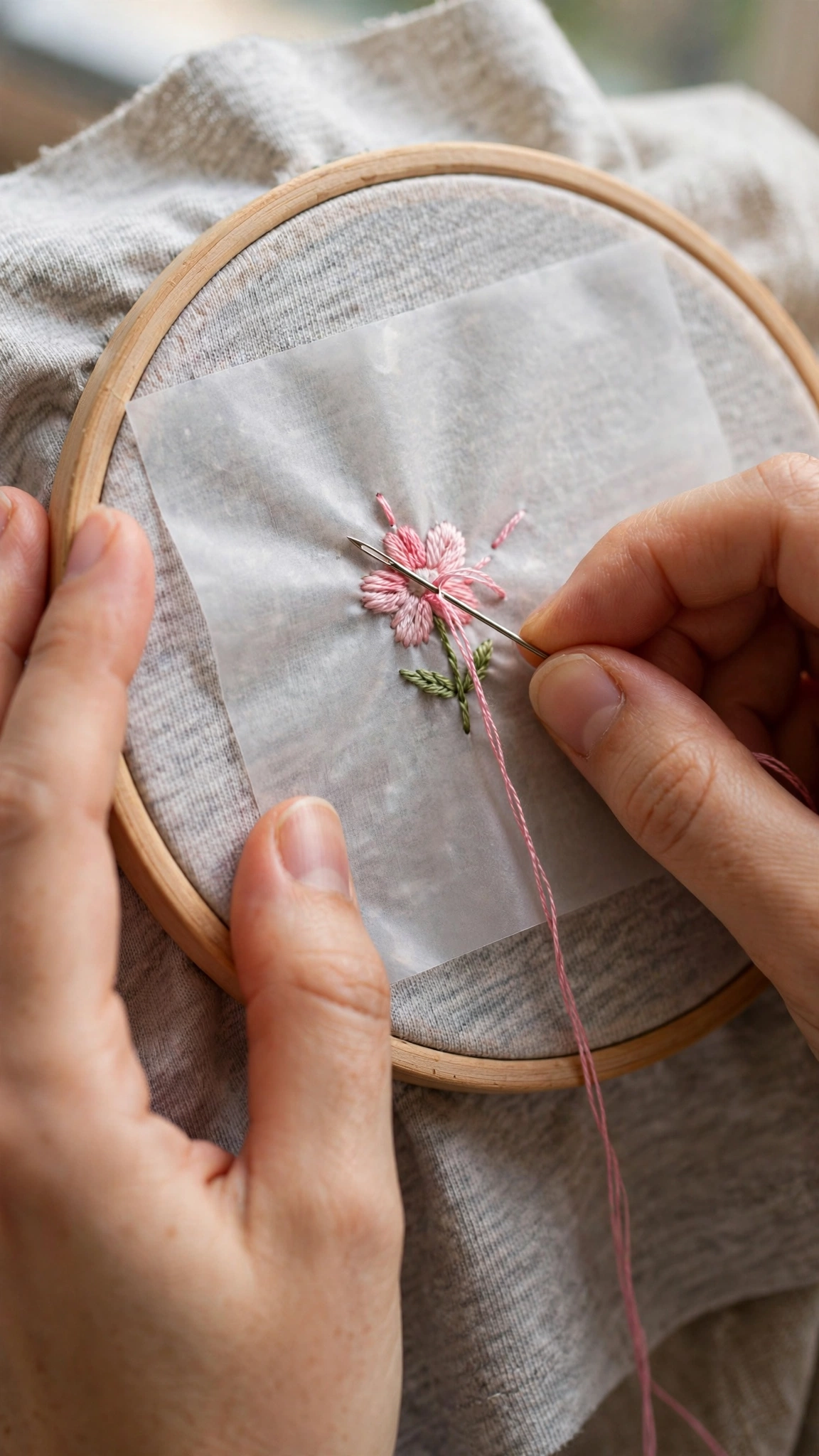 Photorealistic close-up of hands stitching a small flower on a t-shirt through water-soluble stabilizer in a wooden hoop, needle mid-stitch, daylight, portrait orientation, vertical 9:16, no text